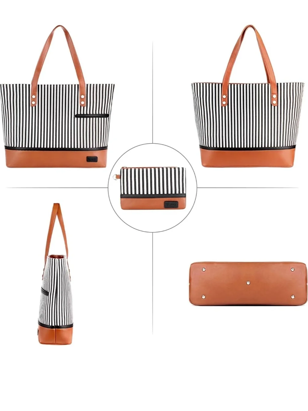 Striped Canvas Tote Bag with Pouch - Black & White with Tan Trim